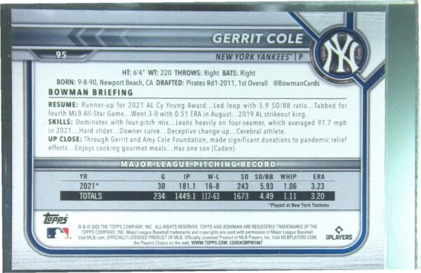 2022 Bowman Gerrit Cole Fuchsia /299 #95 Yankees - Image 3