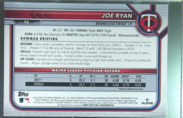 2022 Bowman Joe Ryan Sky Blue /499 RC #56 Twins - Image 3