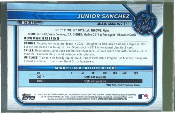 2022 Bowman Junior Sanchez /99 #BCP-111 Chrome Prospects Green Shimmer Refractor - Image 3