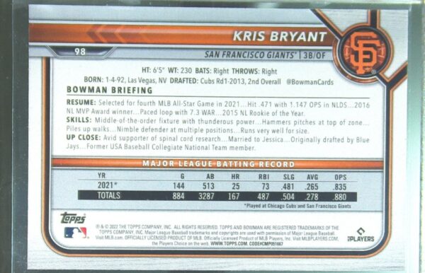 2022 Bowman Kris Bryant Neon Green /399 #98 Giants - Image 3