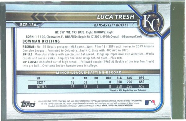 2022 Bowman Luca Tresh /99 #BCP-136 Royals Chrome Prospects Green Mini Diamond - Image 3