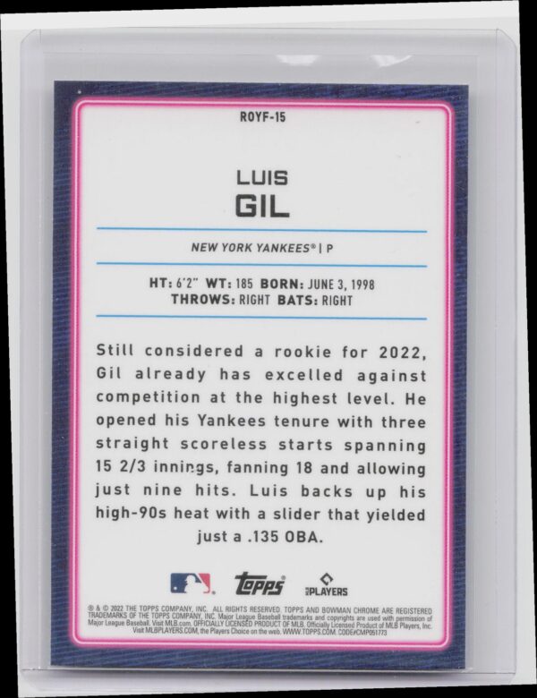 2022 Bowman Luis Gil #ROYF-15 Yankees Rookie of the Year Favorites - Image 3