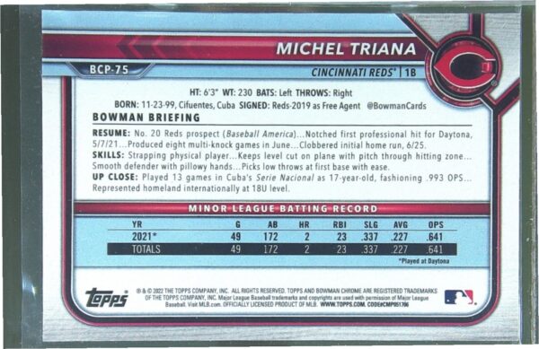 2022 Bowman Michel Triana /99 #BCP-75 Reds Chrome Prospects Green Refractors - Image 3