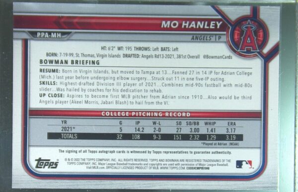 2022 Bowman Mo Hanley Auto /250 #PPA-MH Angels Prospect Autographs Purple - Image 3
