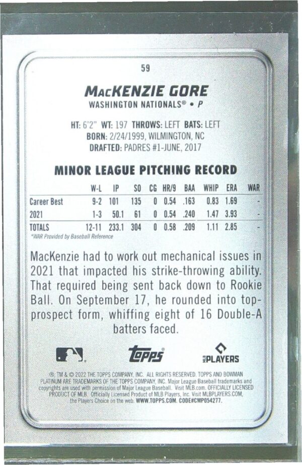 2022 Bowman Platinum Mackenzie Gore Pink /199 RC #59 Nationals - Image 3