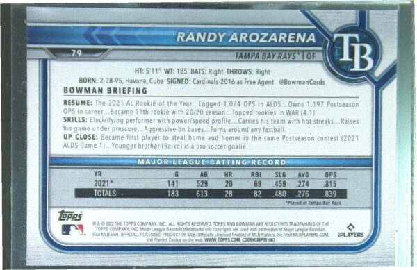 2022 Bowman Randy Arozarena Neon Green /399 #79 Rays - Image 3