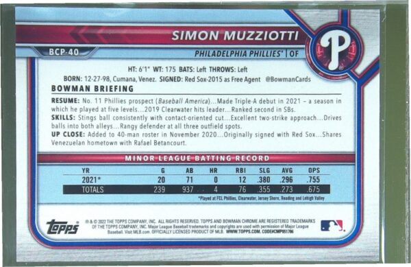 2022 Bowman Simon Muzziotti /399 #BCP-40 Phillies Chrome Prospects Lava - Image 3