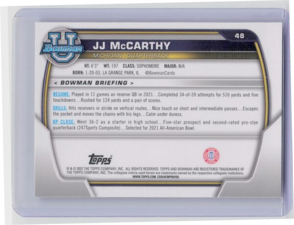 2022 Bowman University Chrome JJ McCarthy #48 Wolverines - Image 3
