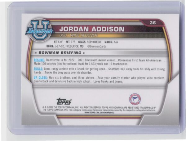 2022 Bowman University Chrome Jordan Addison #36 Trojans - Image 3
