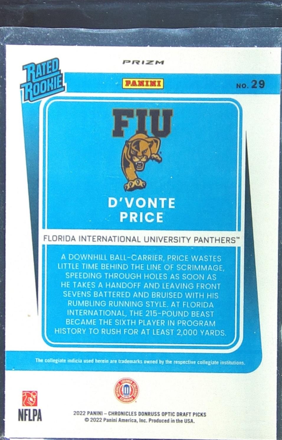 2022 Chronicles Draft D'Vonte Price #29 Panthers Donruss Optic Rated Rookie Holo - Image 3