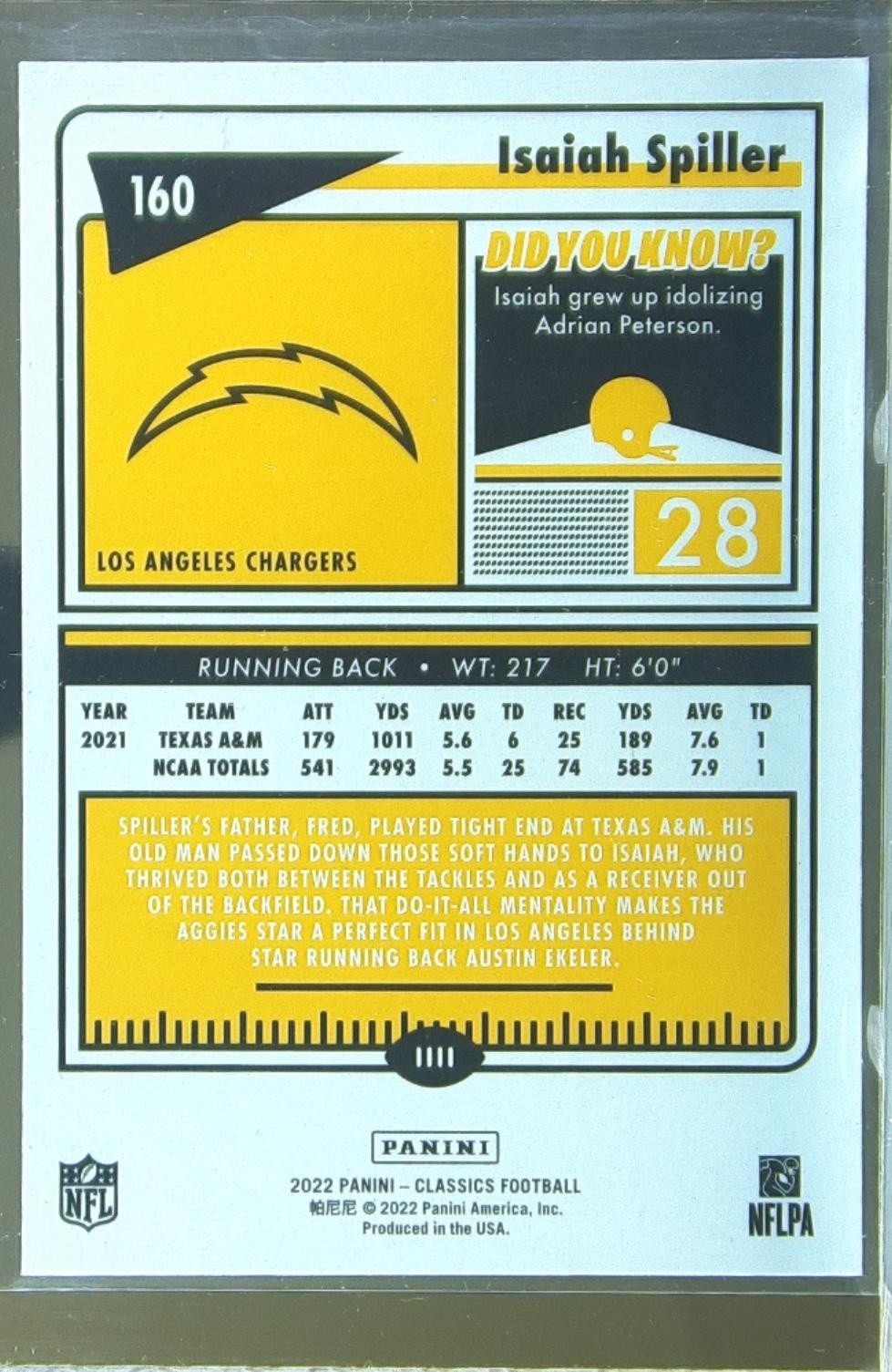 2022 Classics Isaiah Spiller RC #160 Chargers - Image 3