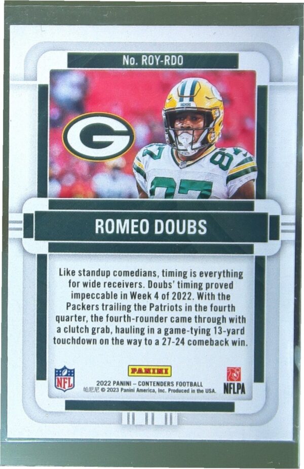2022 Contenders Romeo Doubs RC #ROY-RDO Packers Rookie of the Year Emerald - Image 3