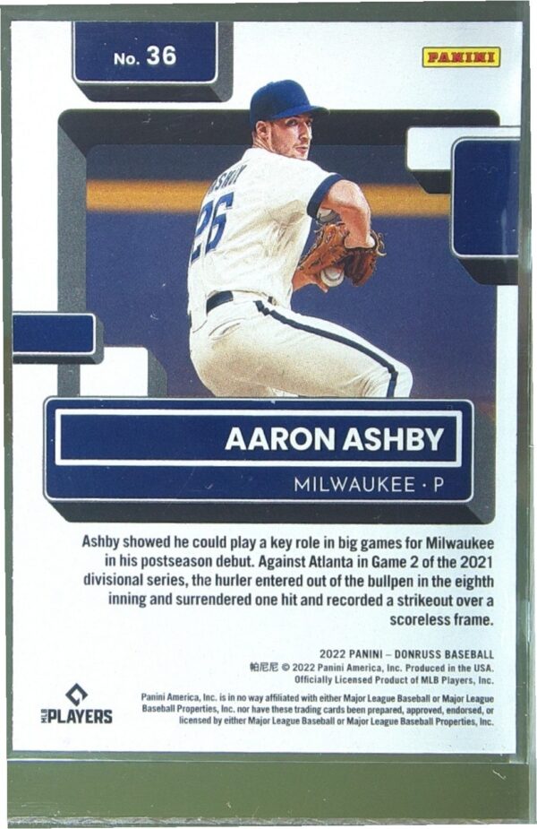 2022 Donruss Aaron Ashby Holo Purple RC #36 Brewers - Image 3