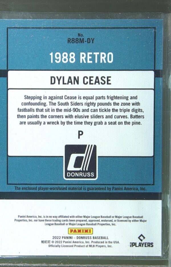 2022 Donruss Dylan Cease JSY #R88M-DY Sox Retro 1988 Materials - Image 3