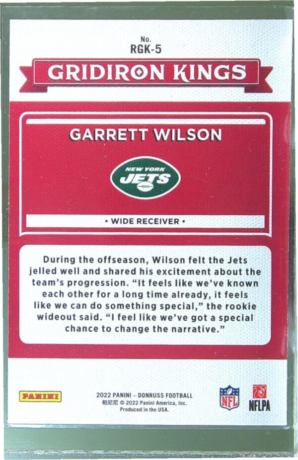 2022 Donruss Garrett Wilson RC #RGK-5 Jets Rookie Gridiron Kings - Image 3