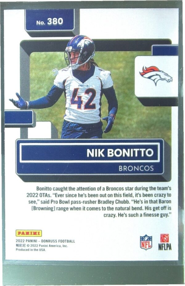 2022 Donruss Nik Bonitto Red Press Proof RC #380 Broncos - Image 3