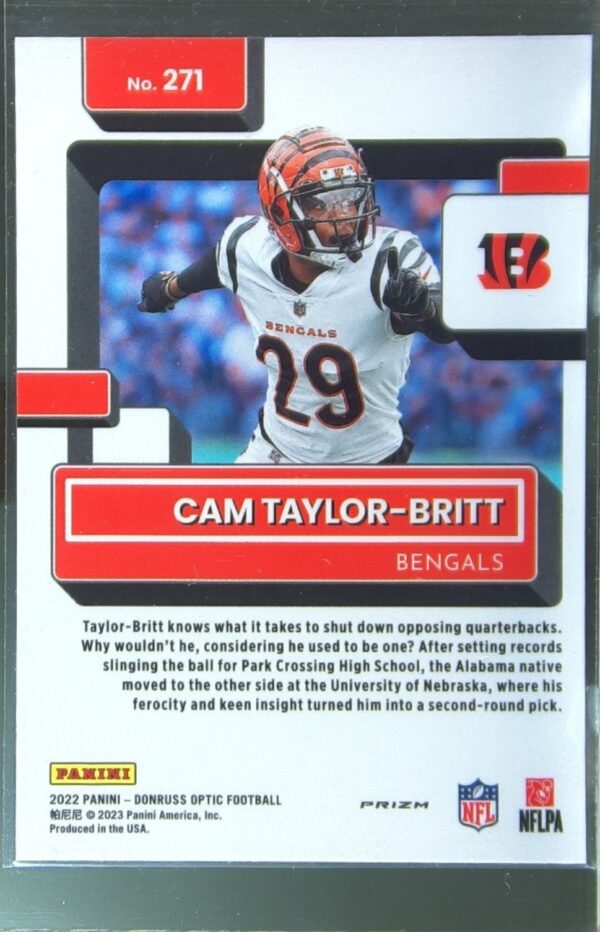 2022 Donruss Optic Cam Taylor-Britt Purple Shock RC #271 Bengals - Image 3