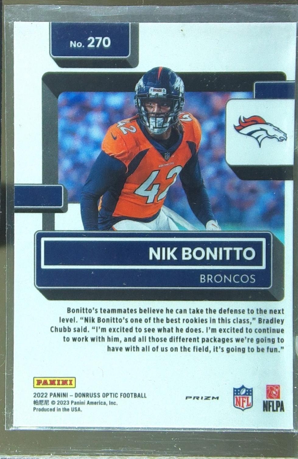 2022 Donruss Optic Nik Bonitto Purple Shock RC #270 Broncos - Image 3