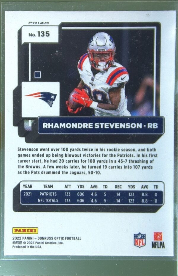 2022 Donruss Optic Rhamondre Stevenson Holo #135 Patriots - Image 3