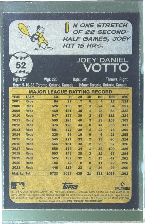 2022 Heritage Joey Votto Chrome Blue Sparkle #52 Reds - Image 3