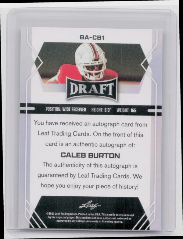 2022 Leaf Draft Caleb Burton Auto #BA-CB1 Buckeyes Autographs - Image 3