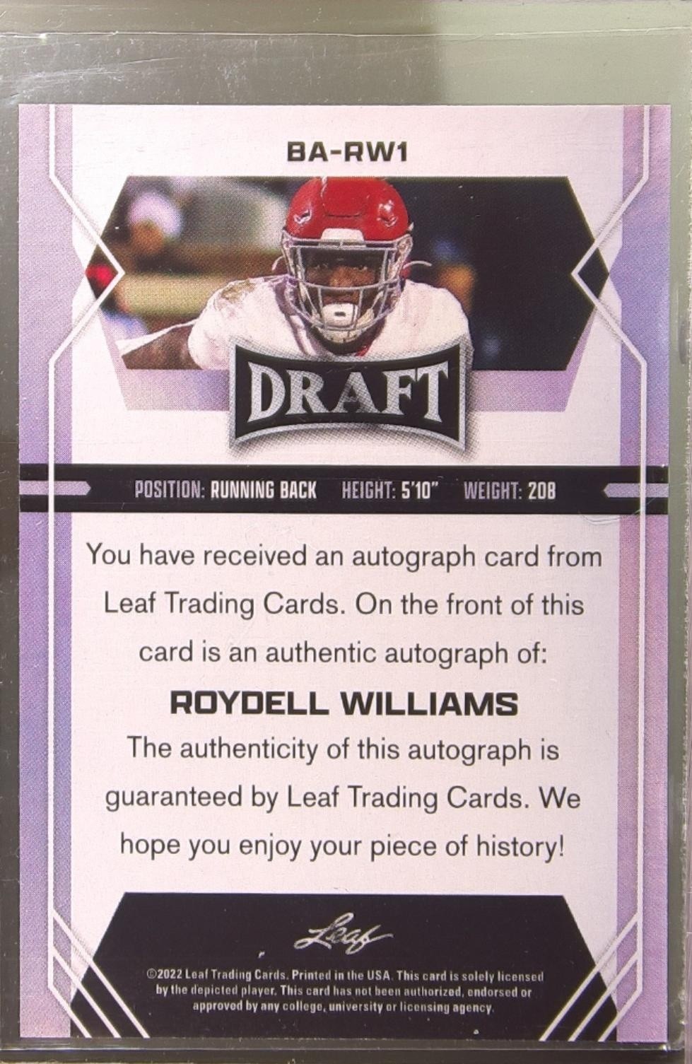 2022 Leaf Draft Roydell Williams #BA-RW1 Tide Autographs Red - Image 3