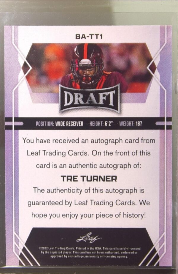 2022 Leaf Draft Tre Turner Auto RC #BA-TT1 Hokies Autographs - Image 3