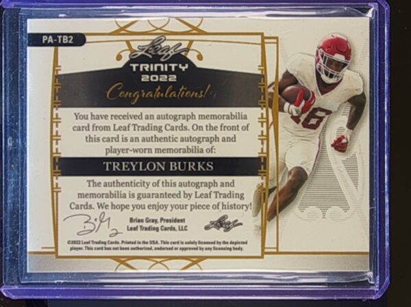 2022 Leaf Trinity Treylon Burks Auto /99 JSY #PA-TB2 Razorbacks Player Worn - Image 3