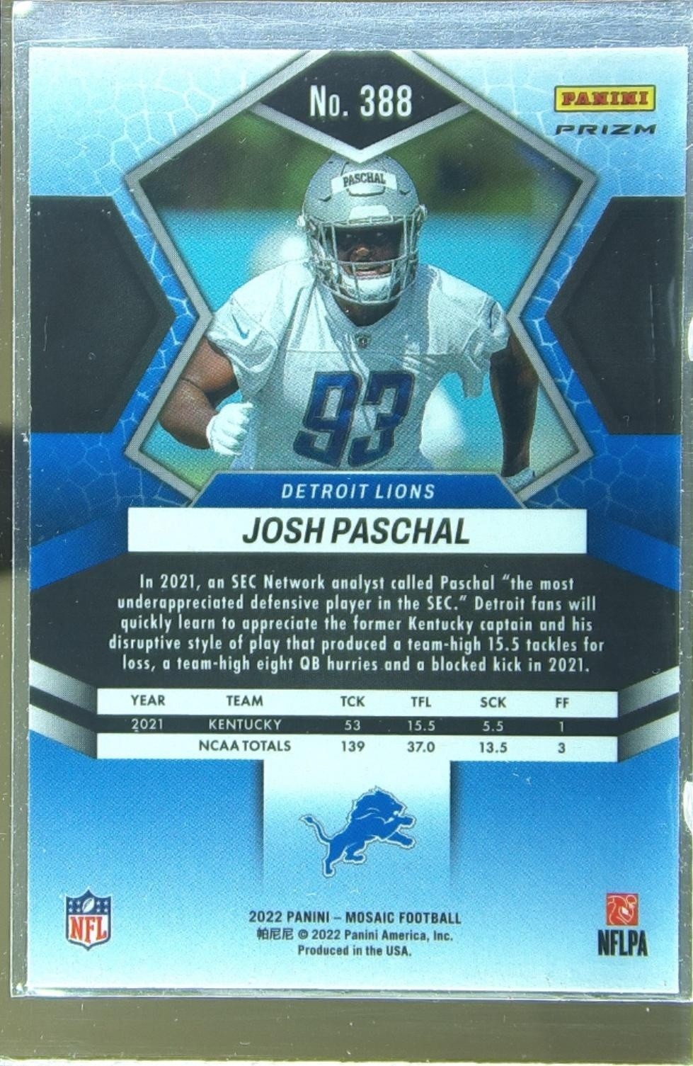 2022 Mosaic Josh Paschal Mosaic Camo Pink RC #388 Lions - Image 3