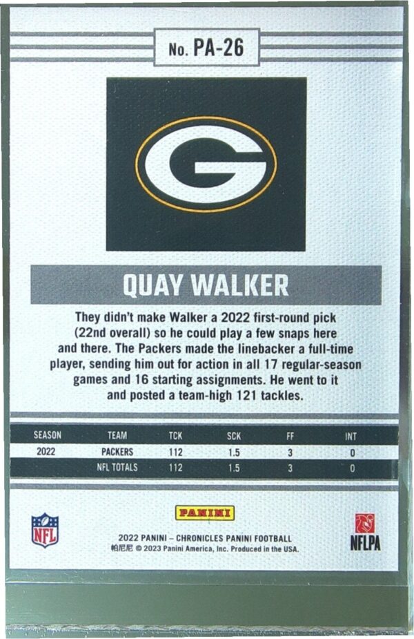 2022 Panini Chronicles Quay Walker RC #PA-26 Packers Panini Teal - Image 3