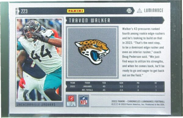 2022 Panini Chronicles Travon Walker RC #223 Jaguars Luminance Update Rookies - Image 3