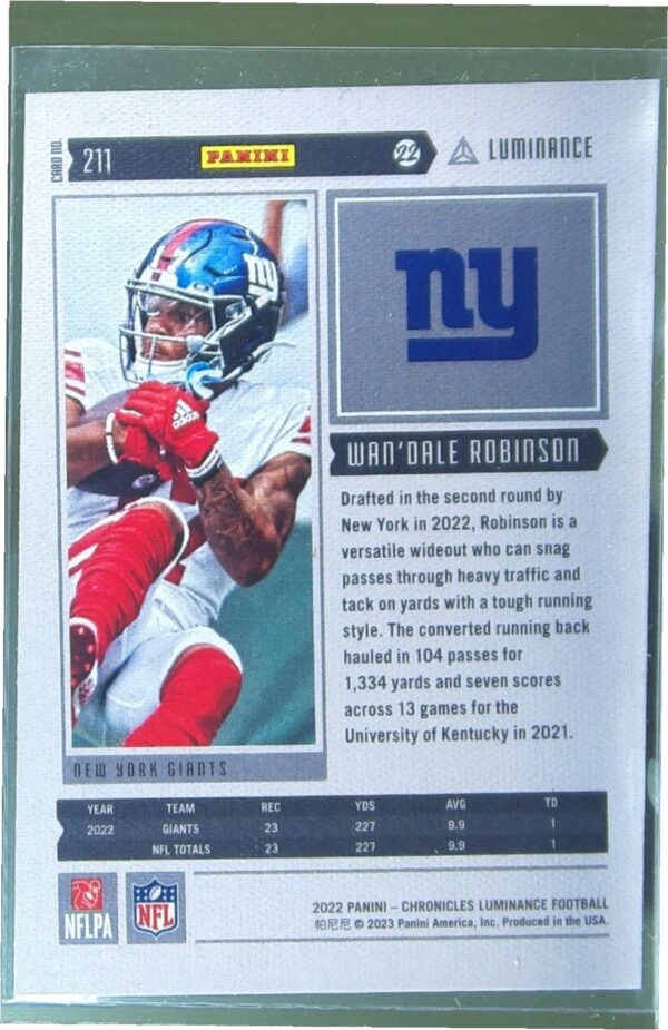 2022 Panini Chronicles Wan'Dale Robinson RC #211 Giants Luminance Update Rookies - Image 3