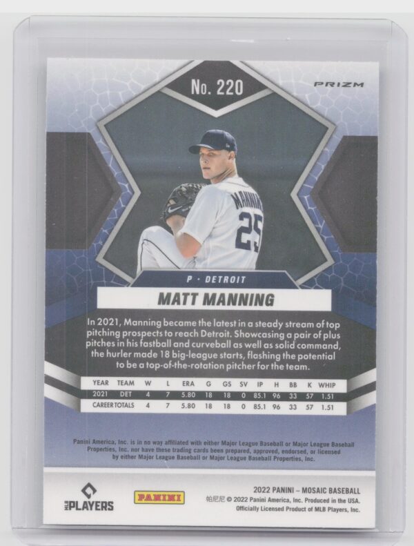 2022 Panini Mosaic Matt Manning Blue Camo Mosaic #220 Tigers - Image 3