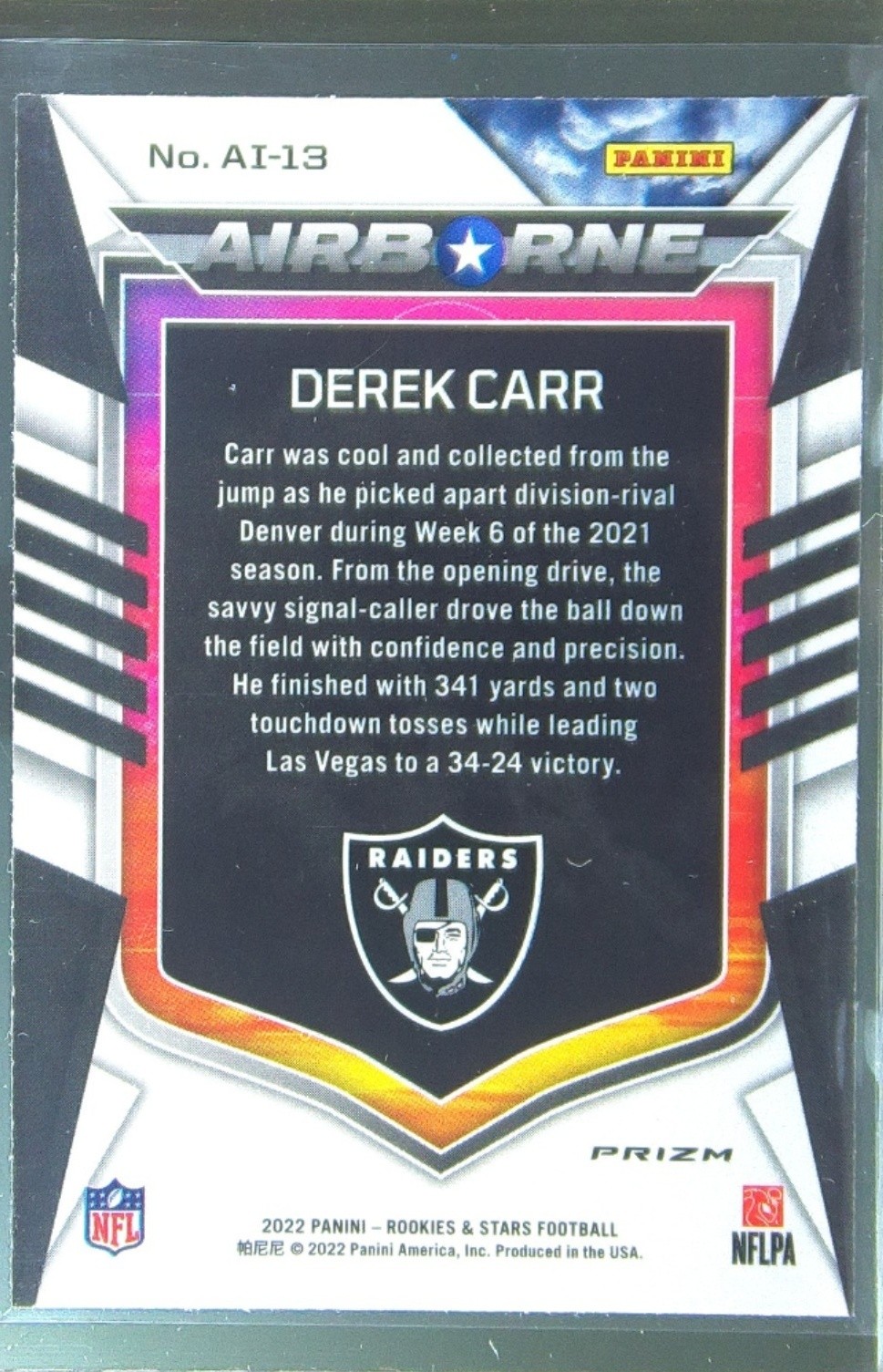 2022 Panini Rookies & Stars Derek Carr #AI-13 Raiders Airborne Red Plaid - Image 3