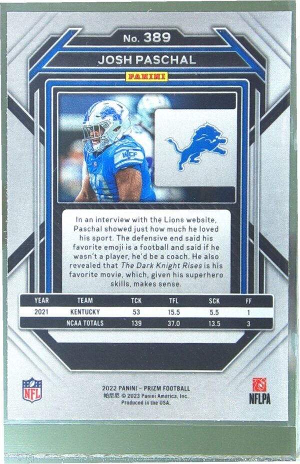 2022 Prizm Josh Paschal RC #389 Lions - Image 3
