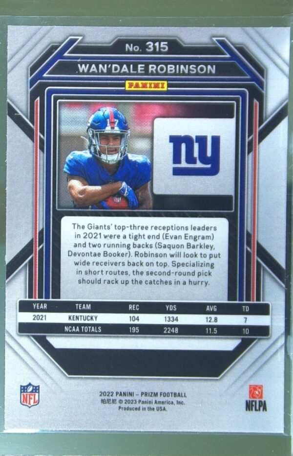 2022 Prizm Wan'Dale Robinson RC #315 Giants - Image 3