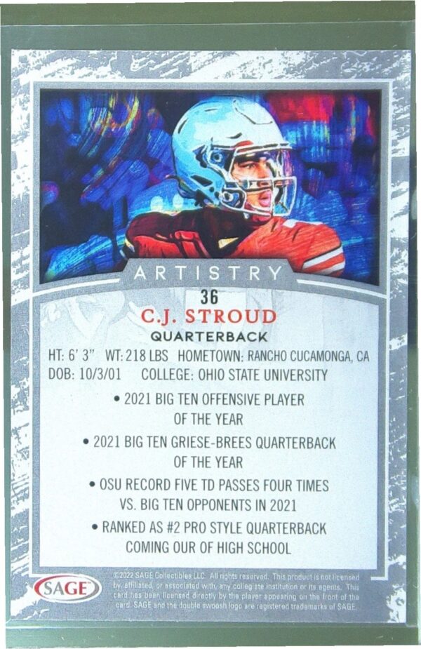 2022 SAGE Artistry C.J. Stroud Canvas Stock Black #36 Buckeyes - Image 3