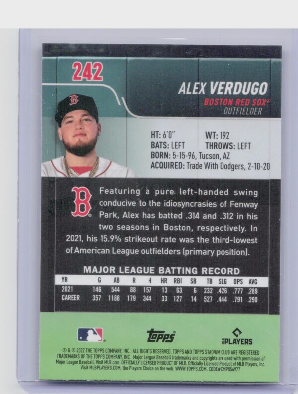 2022 Stadium Club Chrome Alex Verdugo X Fractor #242 Sox - Image 3