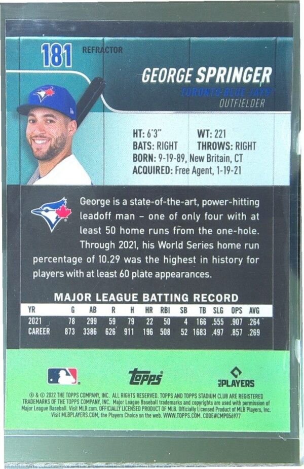 2022 Stadium Club Chrome George Springer Refractor #181 Jays - Image 3