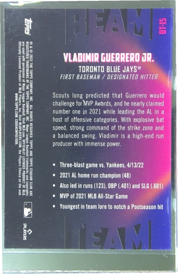 2022 Stadium Club Chrome Vladimir Guerrero Jr. #BT-15 Jays Beam Team - Image 3