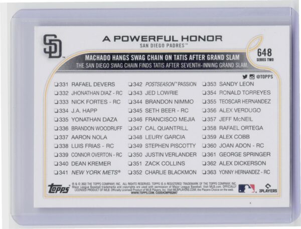2022 Topps A Powerful Honor 582 Montgomery Machado #648 Padres - Image 3