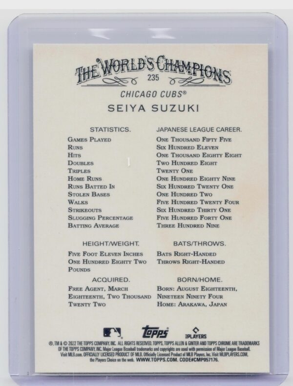2022 Topps Allen & Ginter Chrome Seiya Suzuki Silver Portrait RC #235 Cubs - Image 3