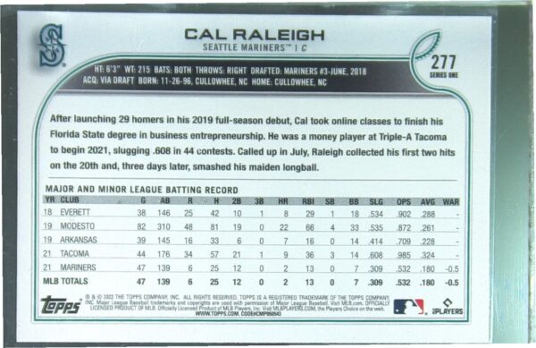 2022 Topps Cal Raleigh RC #277 Mariners - Image 3