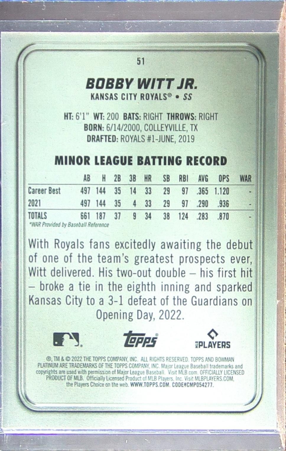 2022 Topps Chrome Black Bobby Witt Jr. RC #51 Royals - Image 3