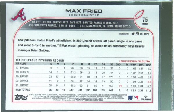 2022 Topps Chrome Max Fried Refractor #75 Braves - Image 3