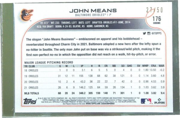 2022 Topps Chrome Sonic John Means Gold RayWave Refractor /50 #176 Orioles - Image 3
