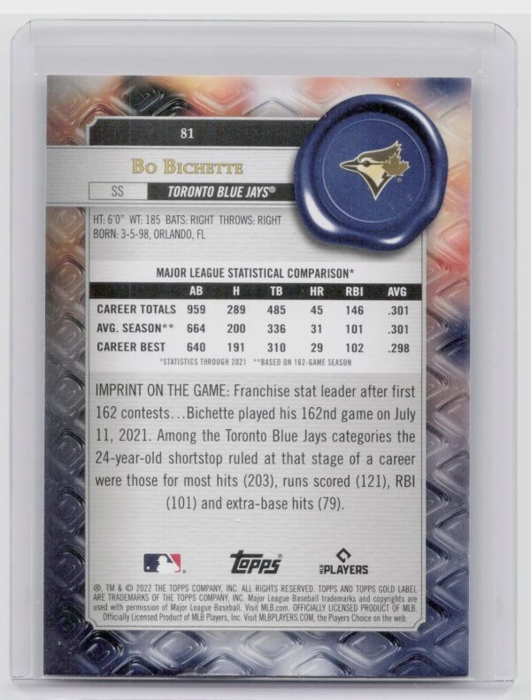 2022 Topps Gold Label Bo Bichette Class 3 #81 Jays - Image 3