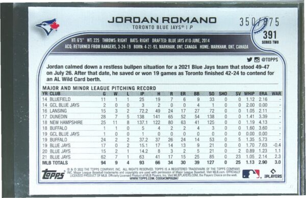 2022 Topps Jordan Romano Foilboard Retail /875 #391 Jays - Image 3