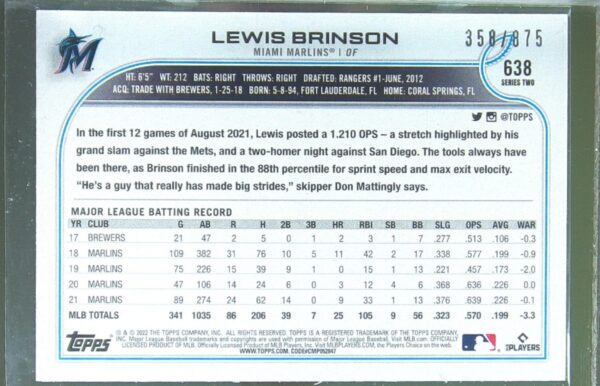 2022 Topps Lewis Brinson Foilboard Retail /875 #638 Marlins - Image 3