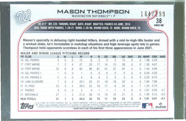 2022 Topps Mason Thompson Orange Foilboard /299 RC #38 Nationals - Image 3